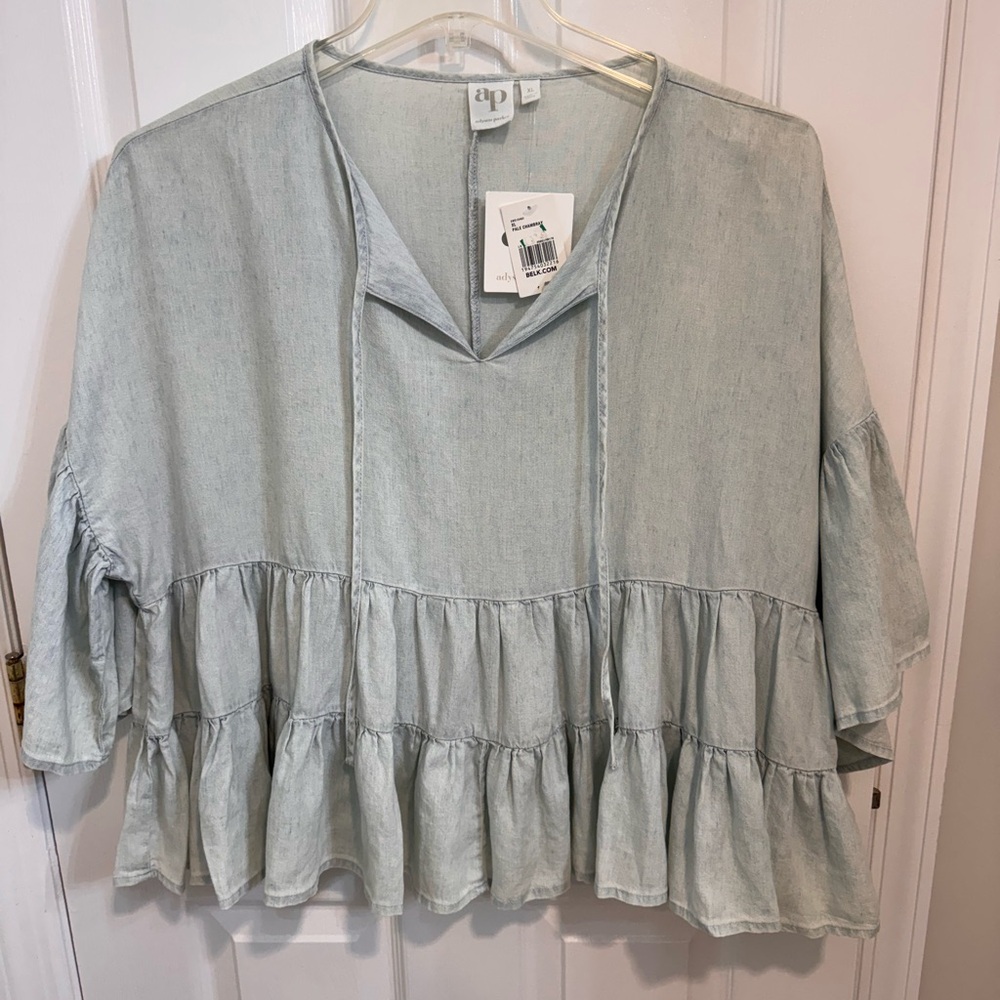 AP Adyson Parker Boho Light Blue Ruffle Hem Chambray Peplum Women's Top Size XL - Picture 2 of 11